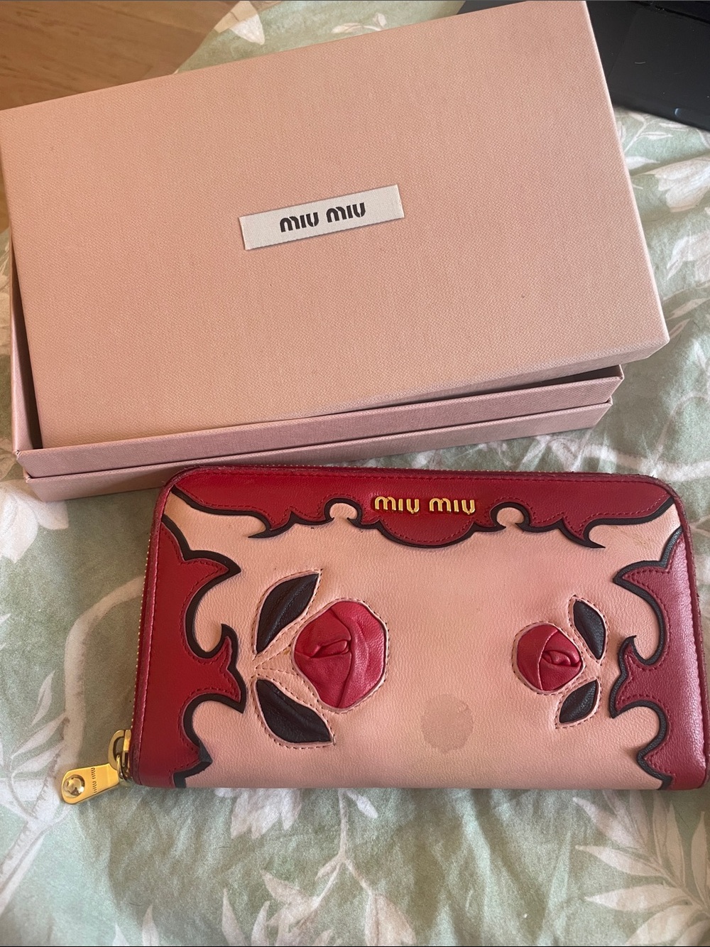 Miu Miu Pink and Red Floral Appliqué Zip Wallet